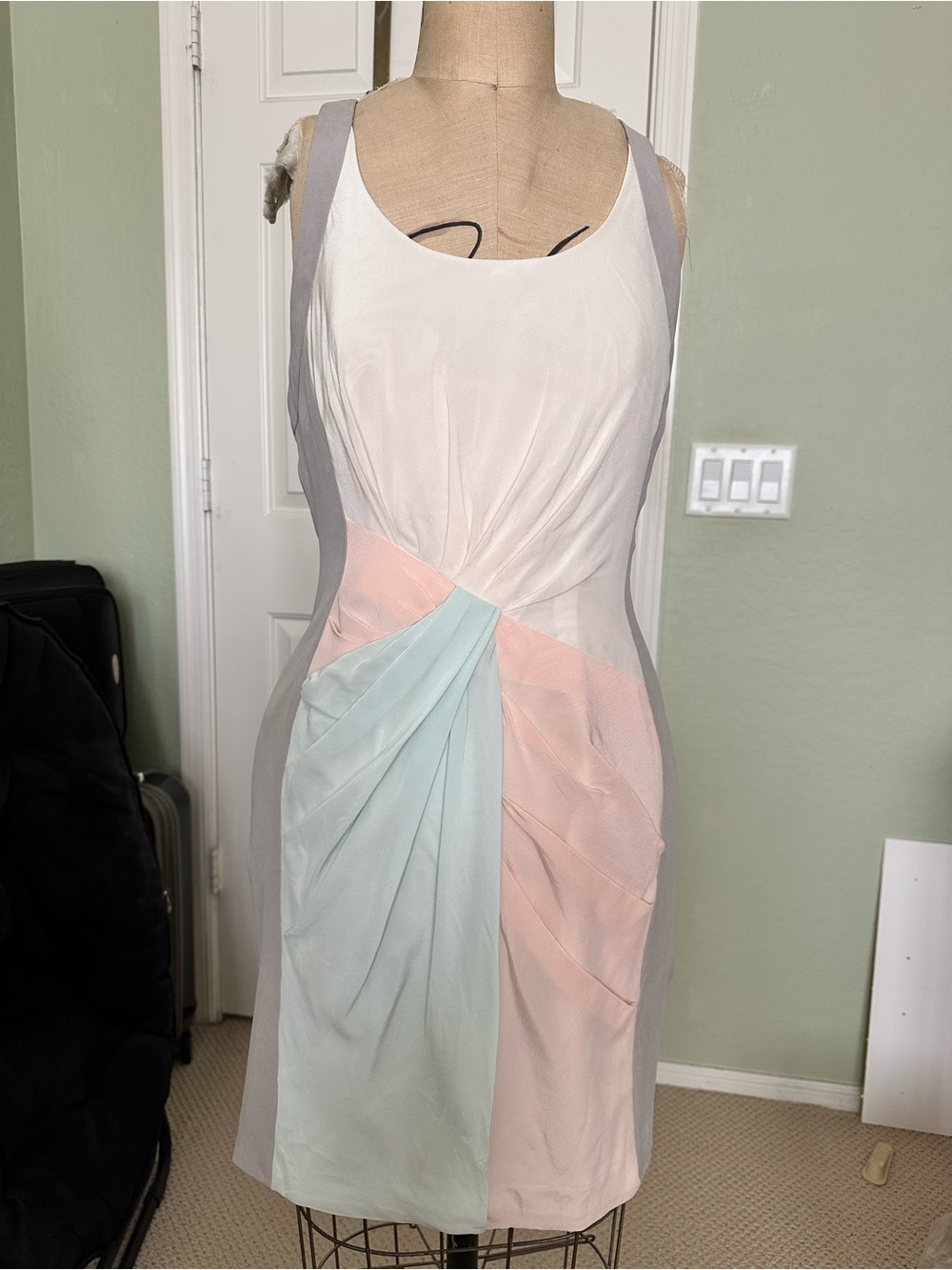 Rebecca Minkoff Silk Padtel Colorblock drape Mini Dress - White, Blush & Mint